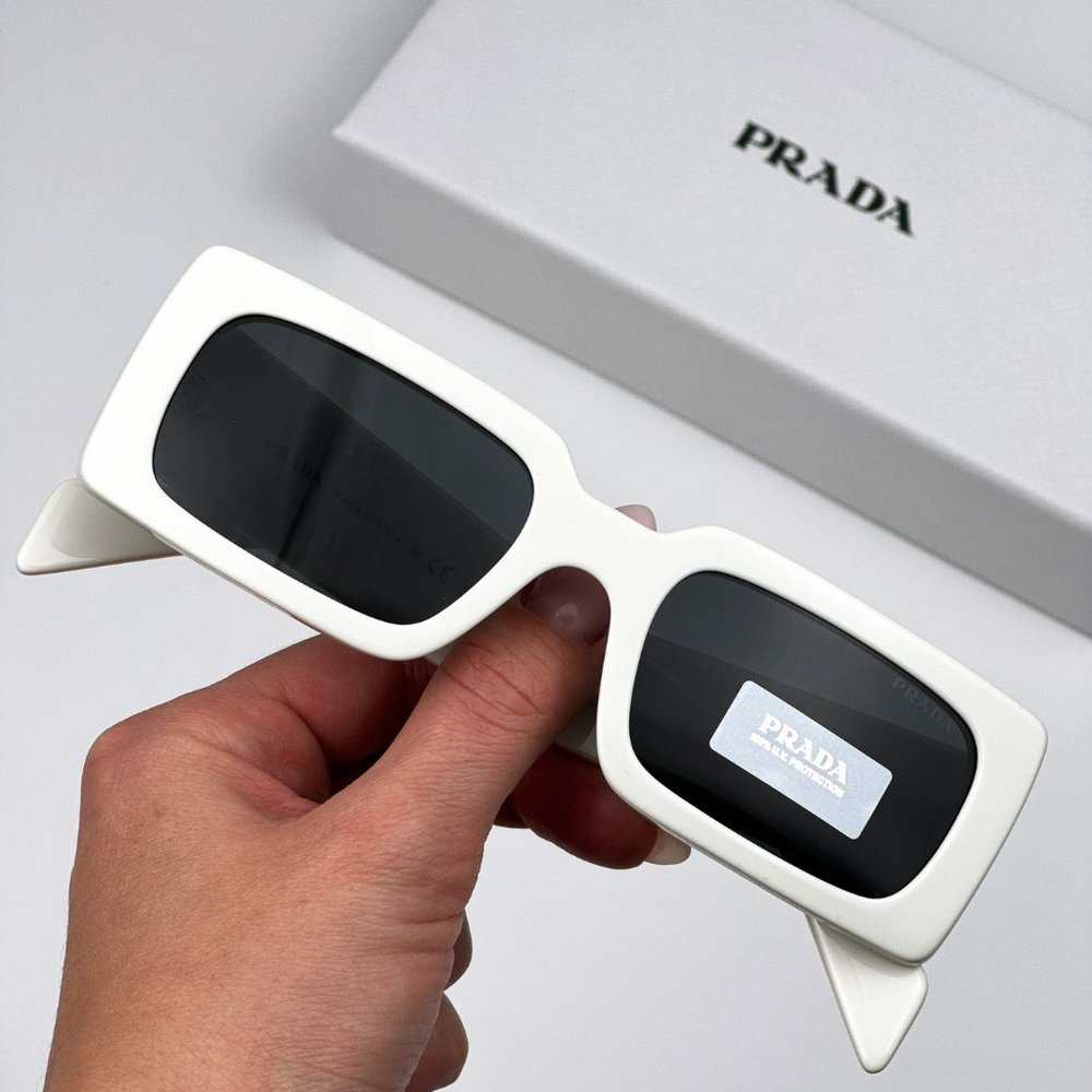 Prada PR A07S 1425S0 Sunglasses Talc White Dark Grey Rectangle Unisex - Picture 3 of 10